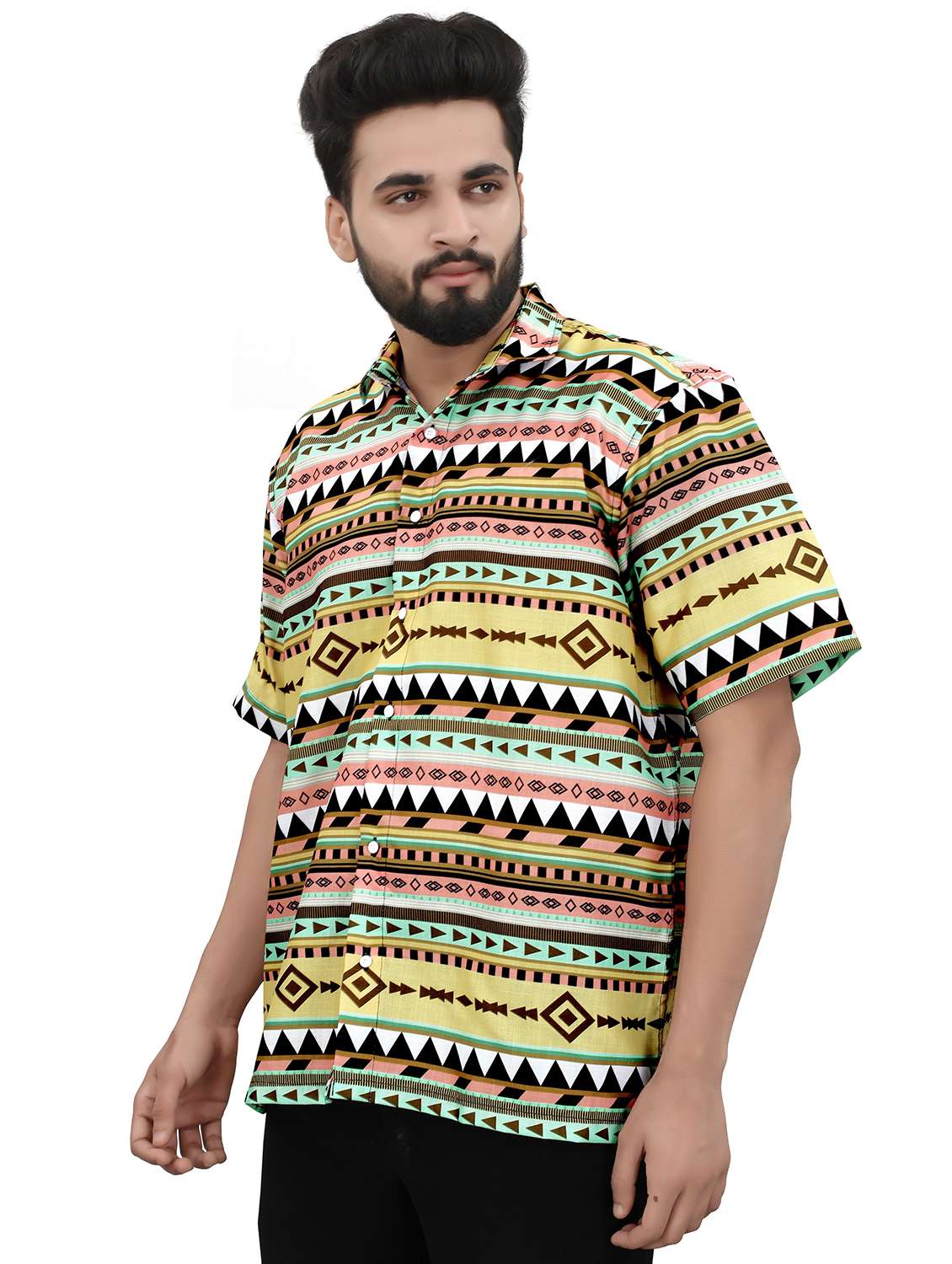 men geometric printed short sleeve oversized casual shirt - 22013140 -  Standard Image - 1