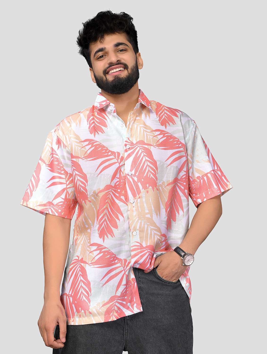 men leaf printed short sleeve oversized casual shirt - 22013142 -  Standard Image - 1