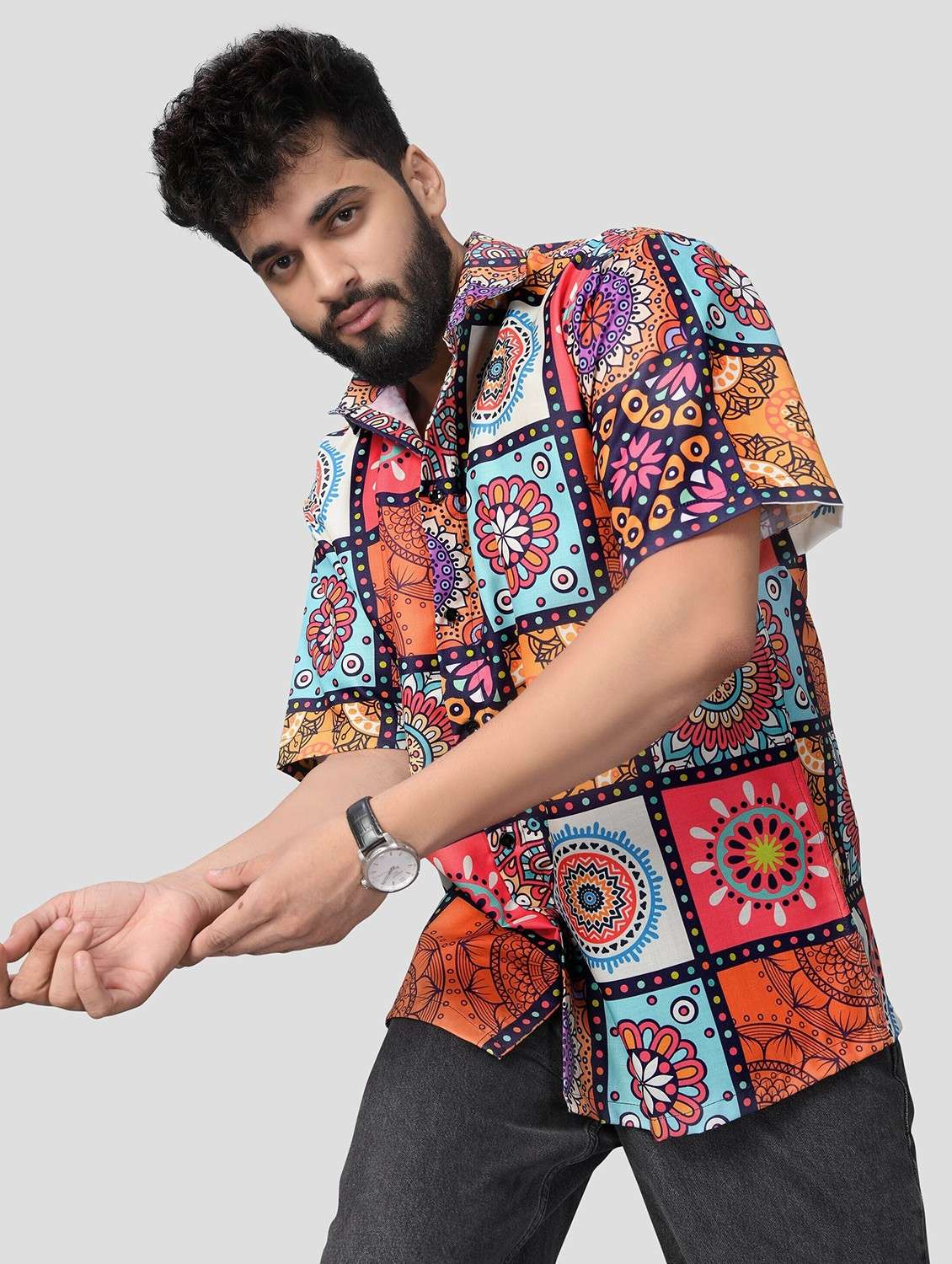 men printed short sleeve oversized casual shirt - 22013143 -  Standard Image - 4
