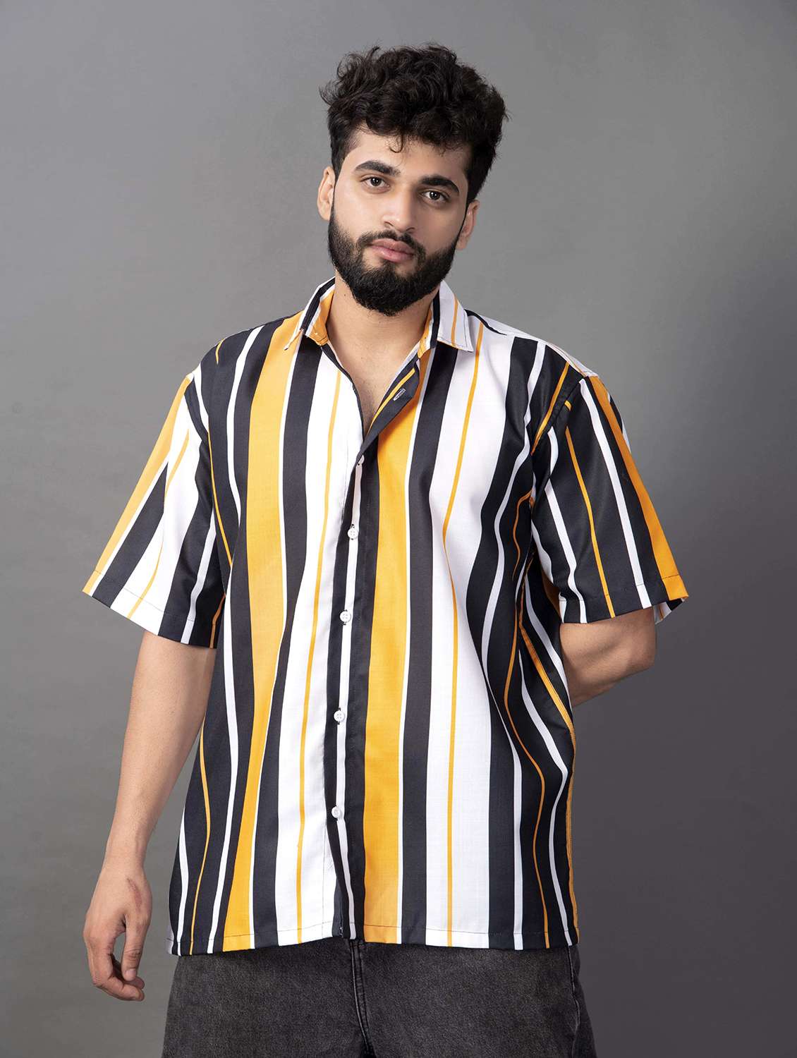 men striped short sleeve oversized casual shirt - 22013154 -  Standard Image - 1