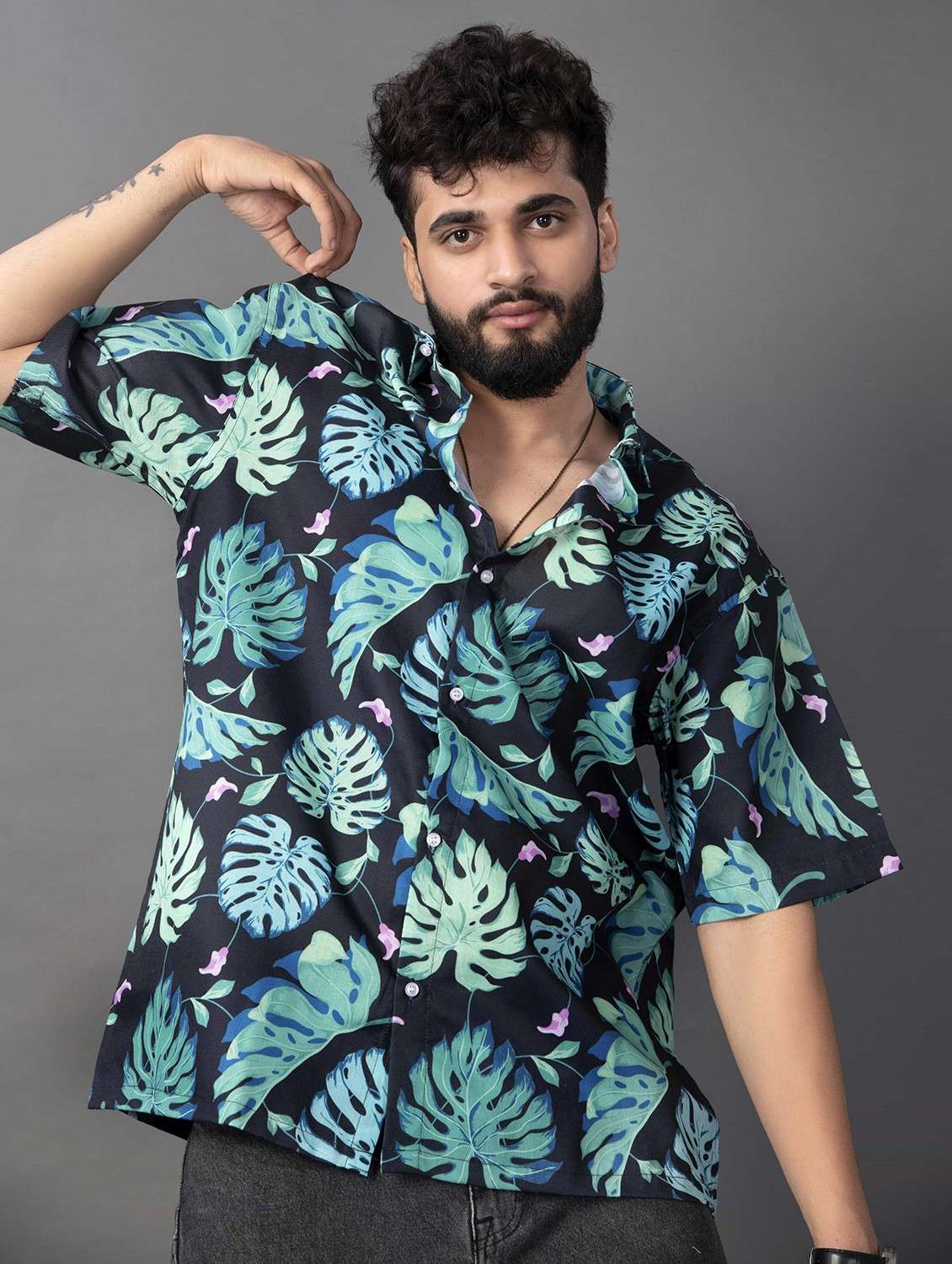 men leaf printed short sleeve oversized casual shirt - 22013227 - Standard Image - 1