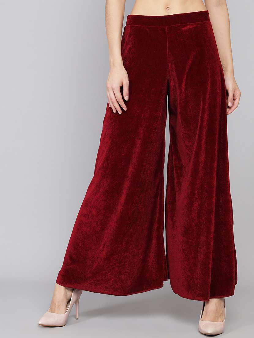 women solid high rise velvet flared palazzo