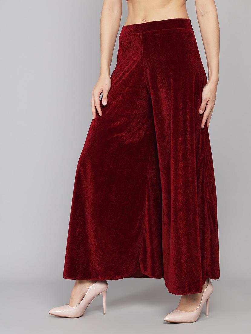 women solid high rise velvet flared palazzo - 22013239 -  Standard Image - 1