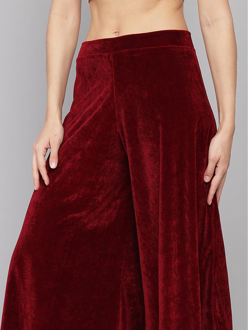 women solid high rise velvet flared palazzo - 22013239 - Standard Image - 4