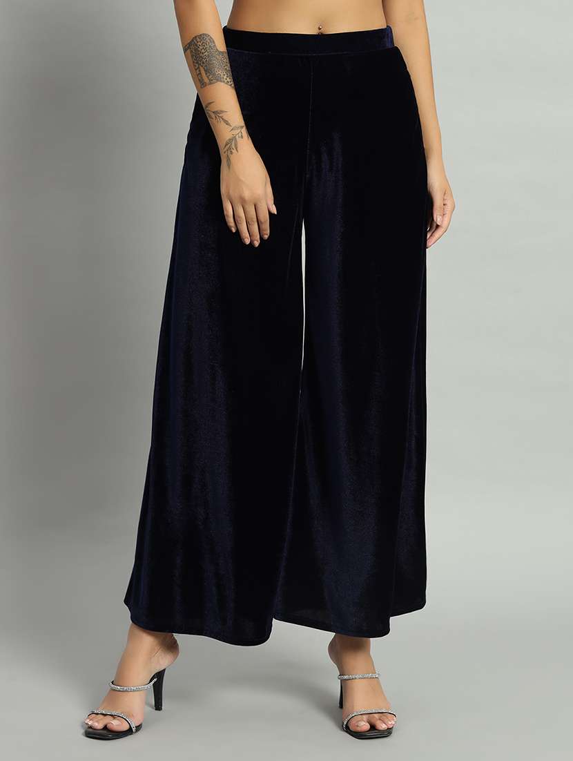 women solid high rise velvet flared palazzo