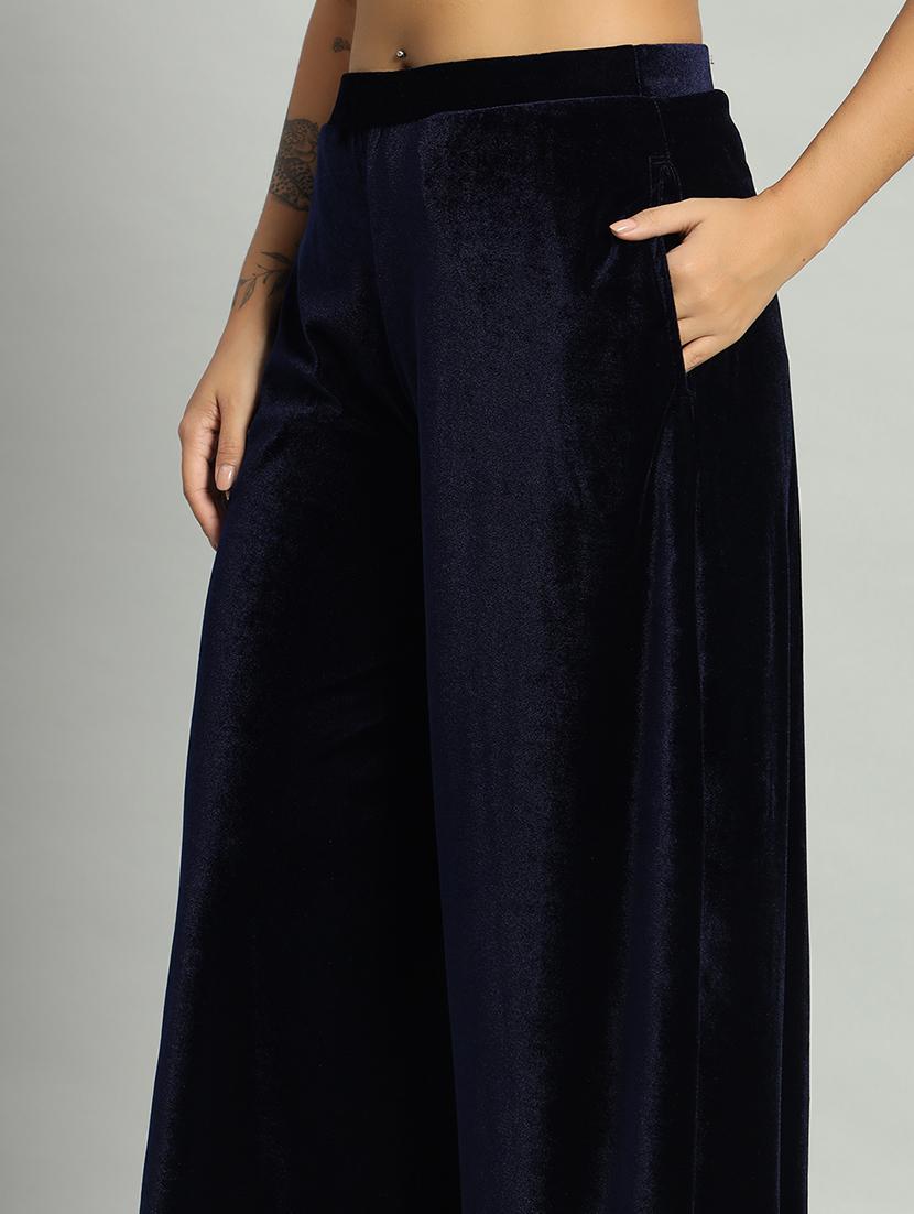 women solid high rise velvet flared palazzo - 22013240 - Standard Image - 4