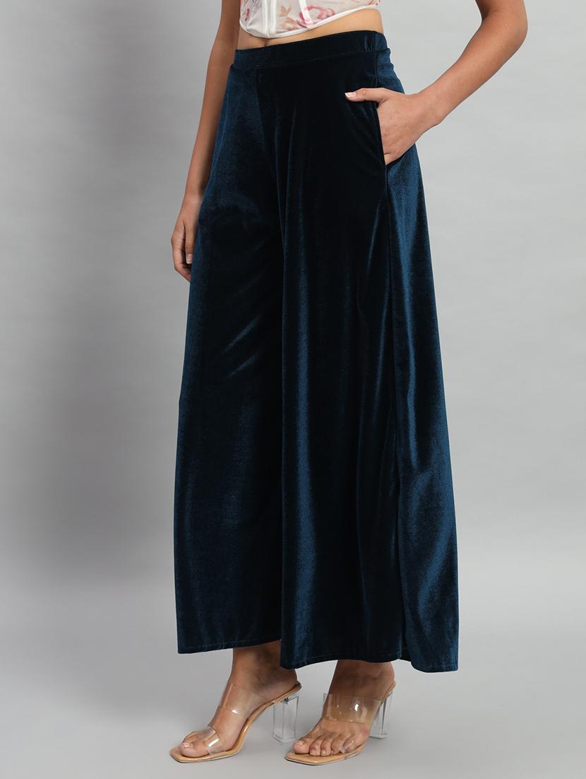 women solid high rise velvet flared palazzo - 22013241 -  Standard Image - 1