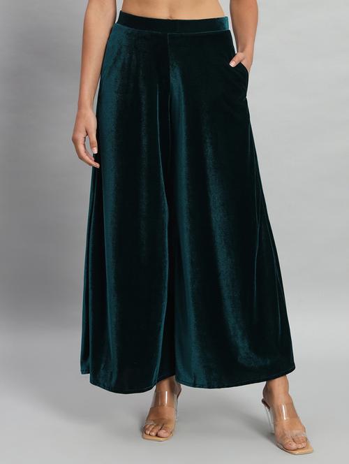 women solid high rise velvet flared palazzo - 22013242 -  Standard Image - 0