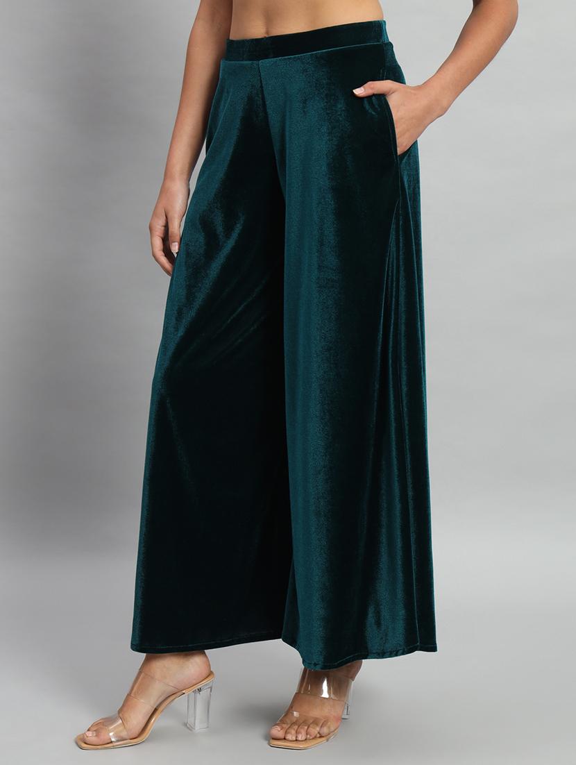women solid high rise velvet flared palazzo - 22013242 -  Standard Image - 1