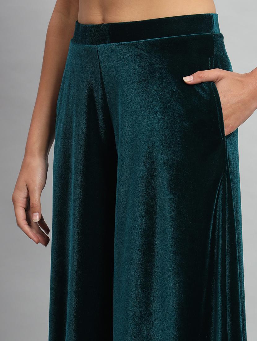 women solid high rise velvet flared palazzo - 22013242 - Standard Image - 4