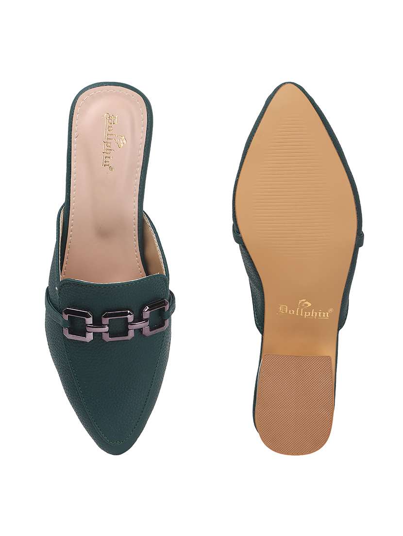 Women Green Solid Slip On Mule