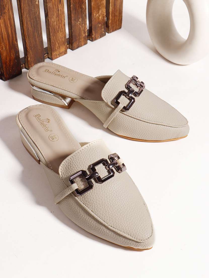 women beige solid slip on mule