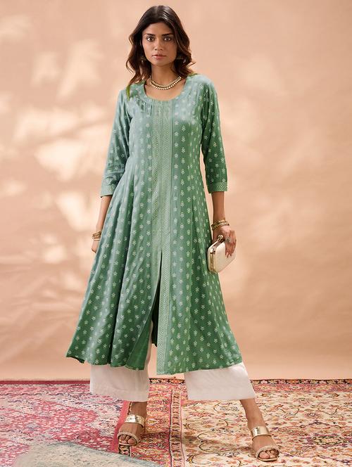 globus women mint green round neck ethnic print front slit flared hem panelled a-line kurta - 22013347 - Standard Image - 0