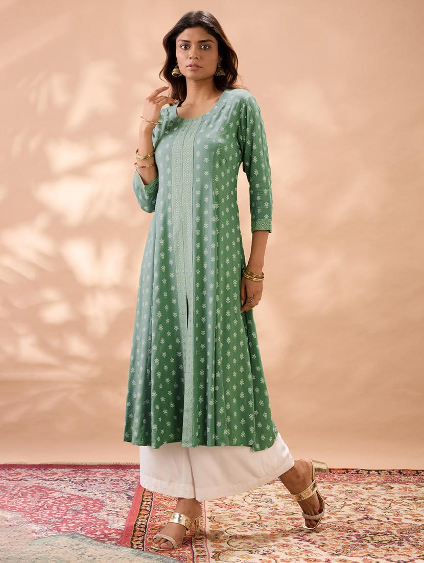 globus women mint green round neck ethnic print front slit flared hem panelled a-line kurta - 22013347 -  Standard Image - 1