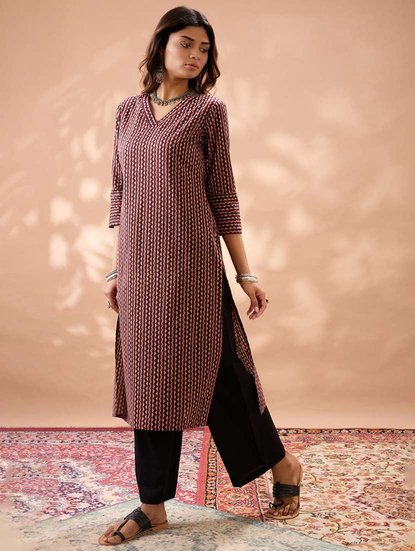 globus women maroon geometric print v-neck calf length straight kurta & pant set - 22013348 -  Standard Image - 1
