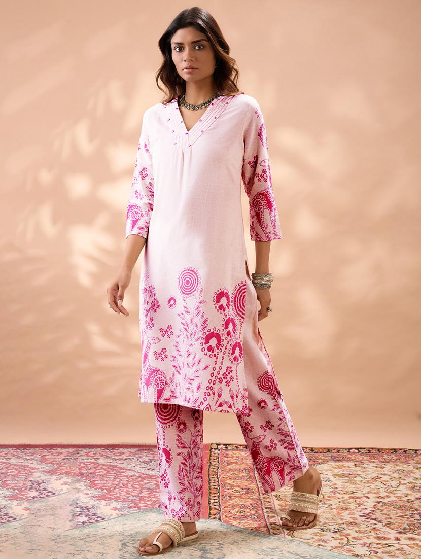globus women pink gond floral print v-neck plated calf length straight kurta & pant set - 22013350 - Standard Image - 1