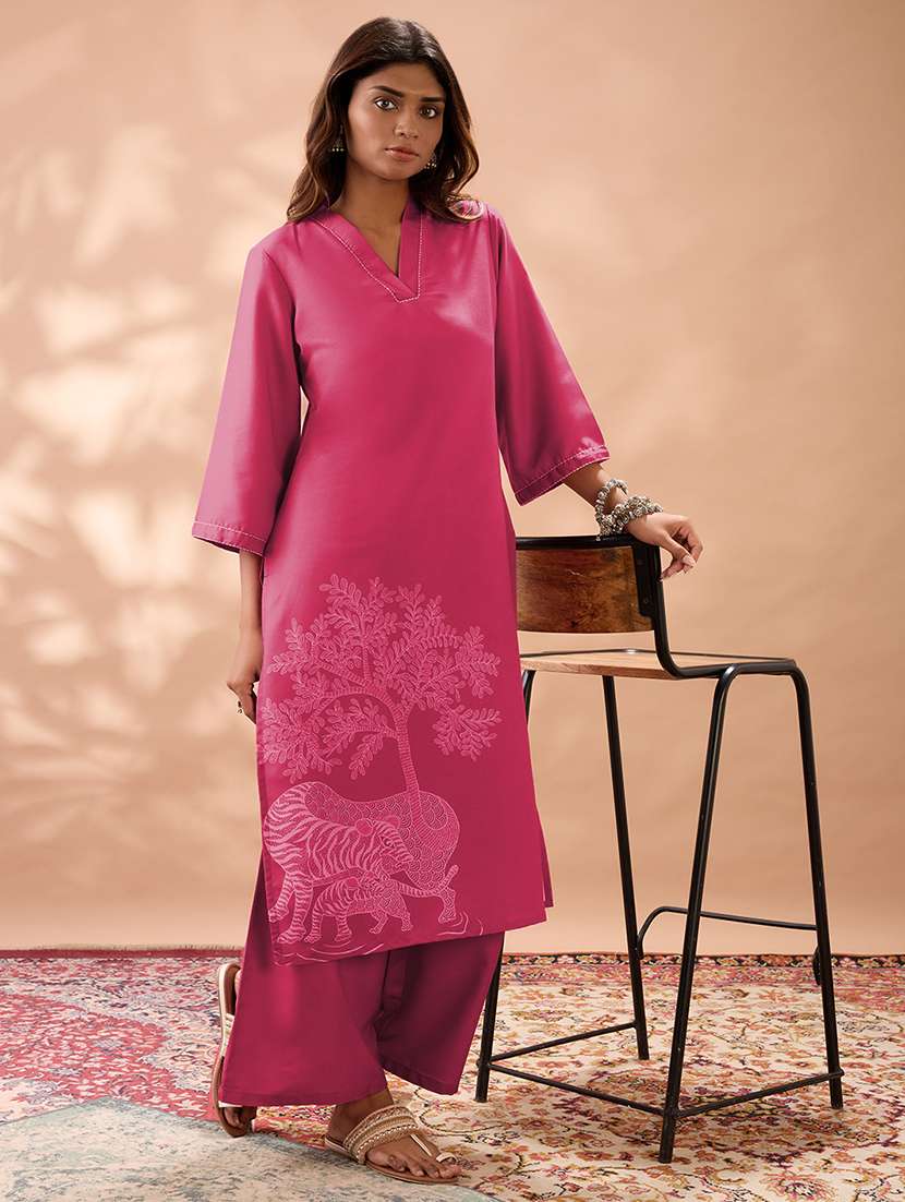 globus women pink gond animal print v-neck bell sleeves straight kurta & wide leg pant set