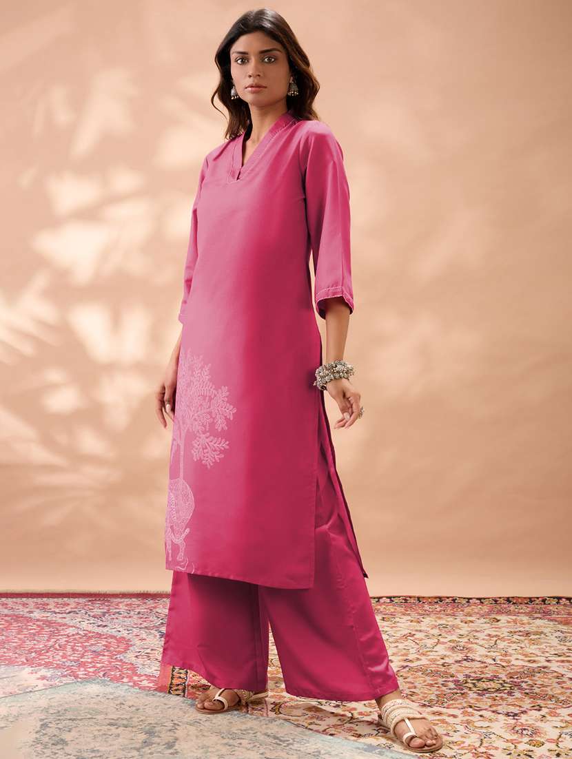 globus women pink gond animal print v-neck bell sleeves straight kurta & wide leg pant set - 22013351 - Standard Image - 1
