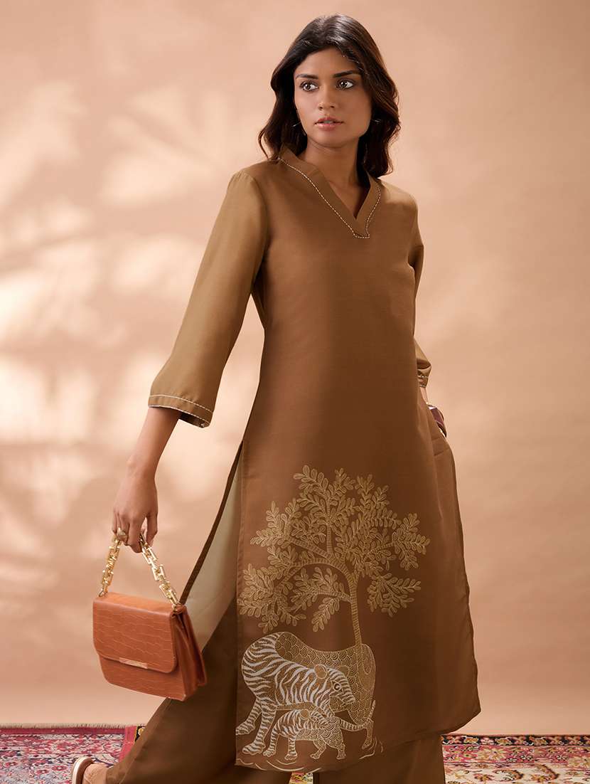 globus women brown gond animal print v-neck bell sleeves straight kurta & wide leg pant set - 22013352 - Standard Image - 1
