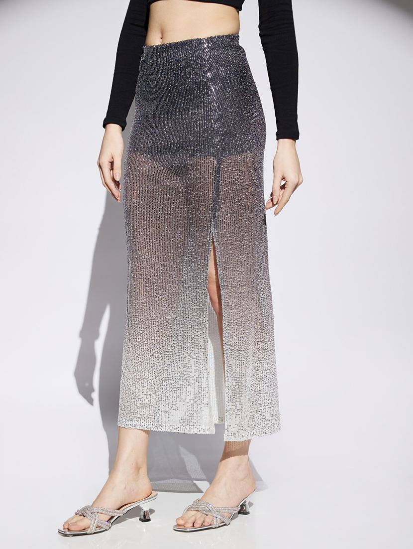 women sequined high rise high slit skirt - 22013357 - Standard Image - 1