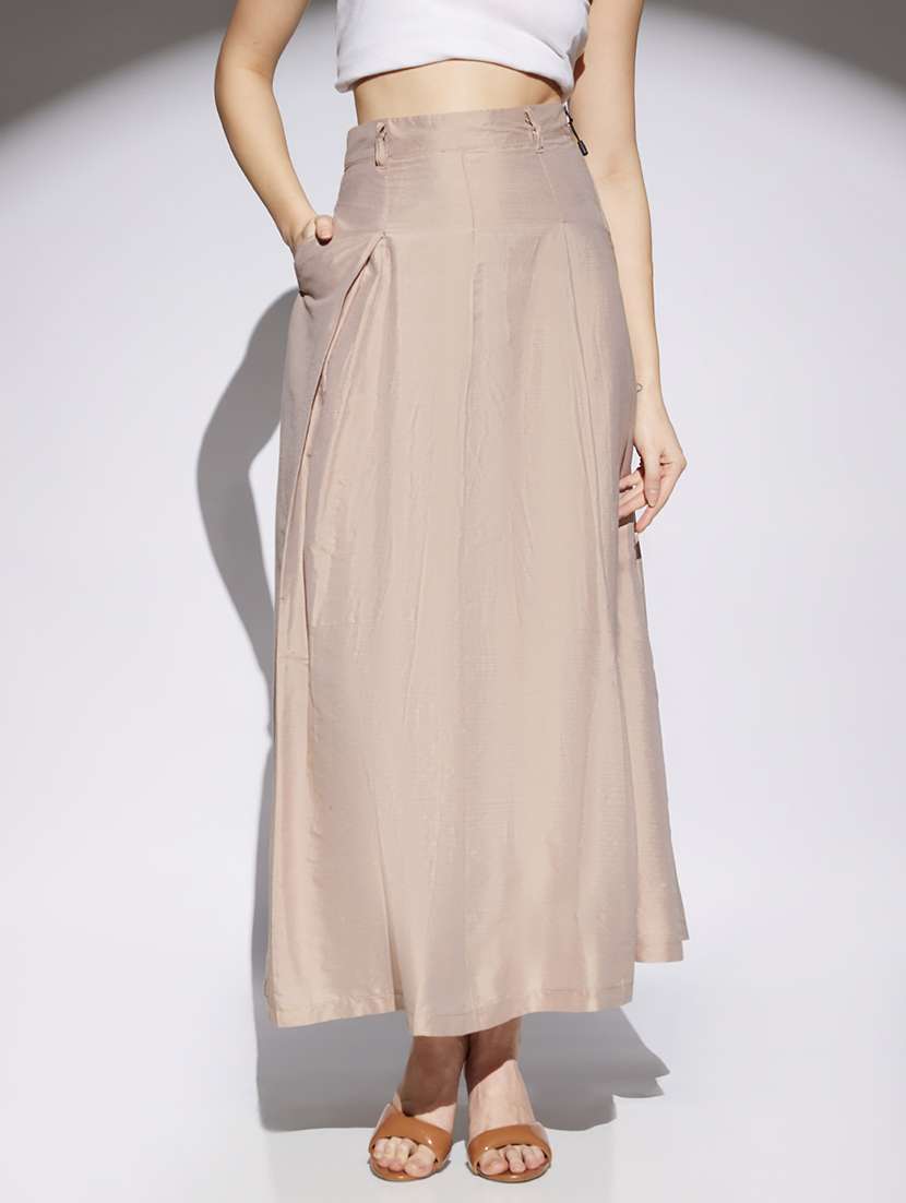 women beige solid high rise flared skirt