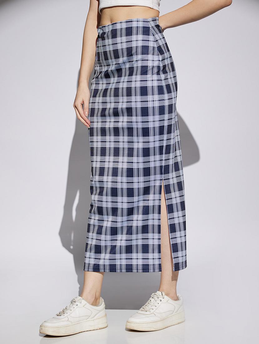 women checkered high rise straight skirt - 22013364 -  Standard Image - 1