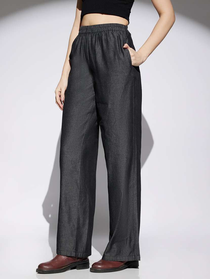 women solid high rise straight trouser - 22013373 -  Standard Image - 1