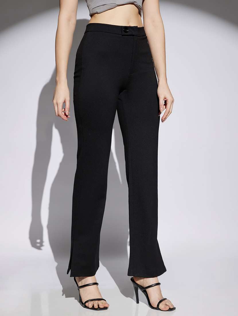 women black solid high rise straight trouser - 22013378 -  Standard Image - 1