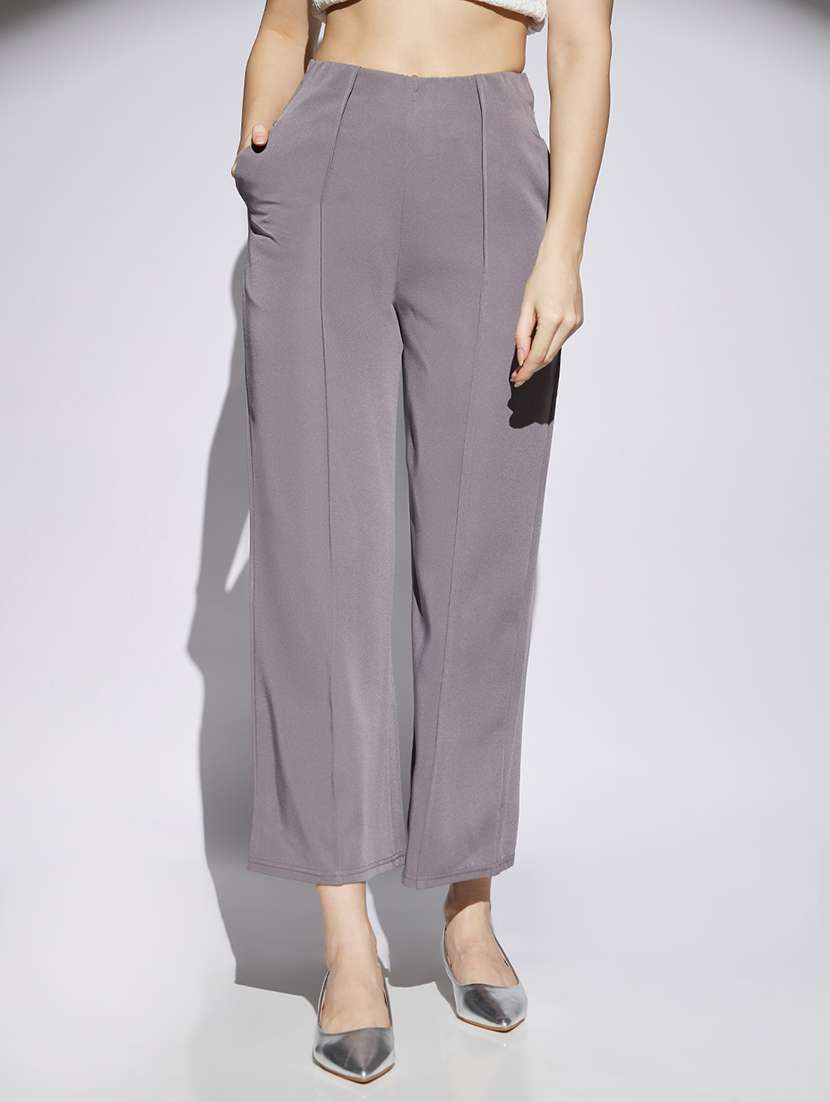 women solid high rise wide leg trouser