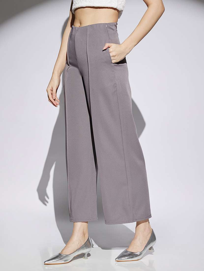 women solid high rise wide leg trouser - 22013387 -  Standard Image - 1