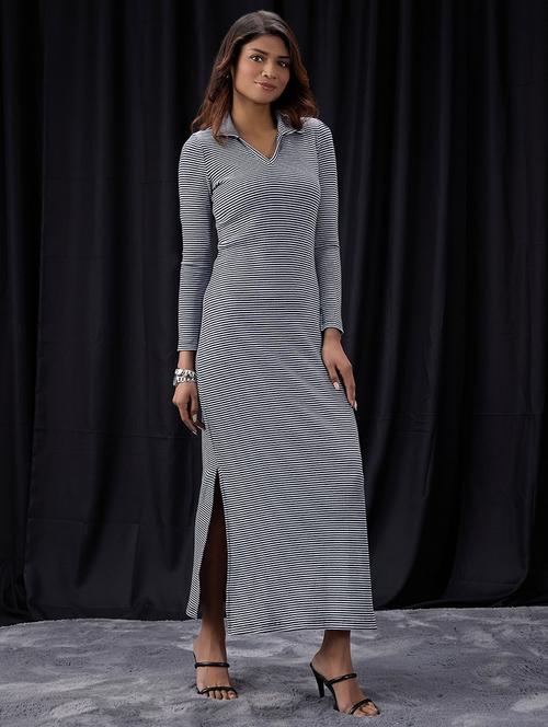 women striped long sleeve collared dress - 22013391 - Standard Image - 0