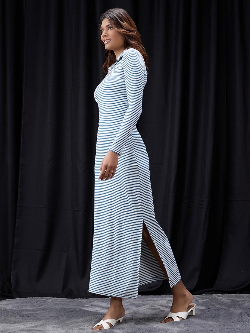 women striped long sleeve collared bodycon dress - 22013392 - Standard Image - 1