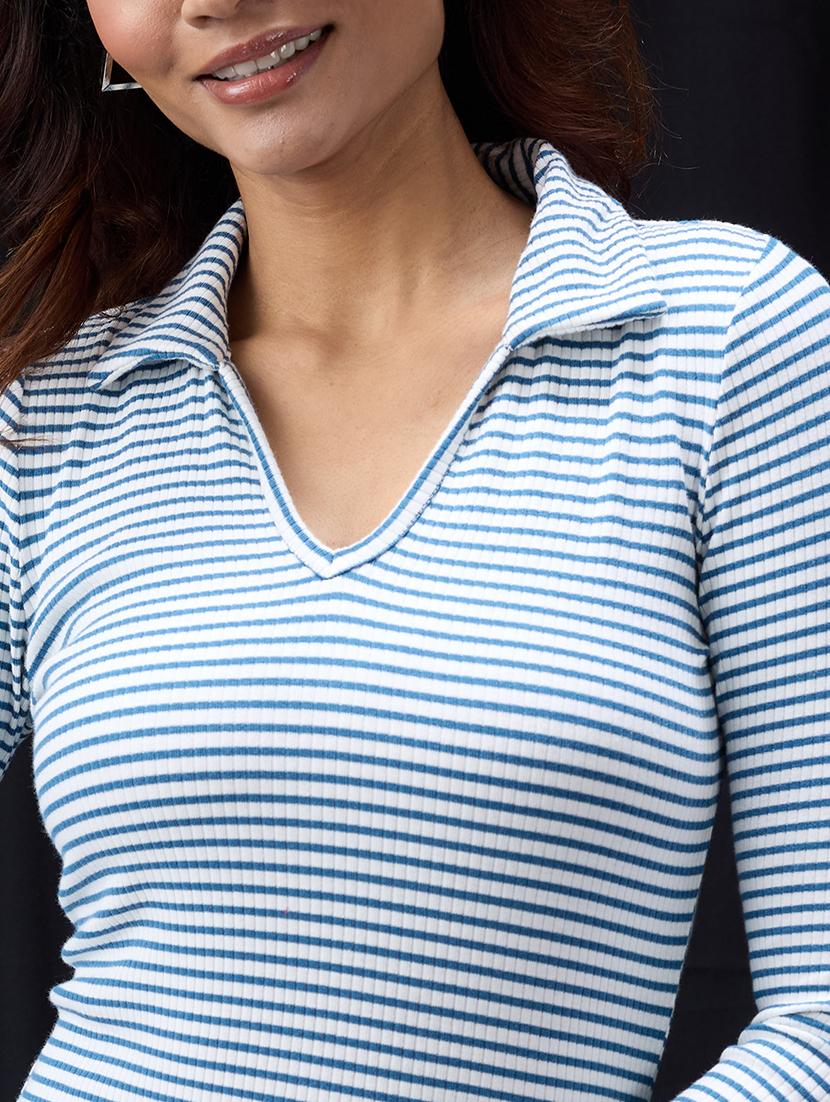 women striped long sleeve collared bodycon dress - 22013392 - Standard Image - 4