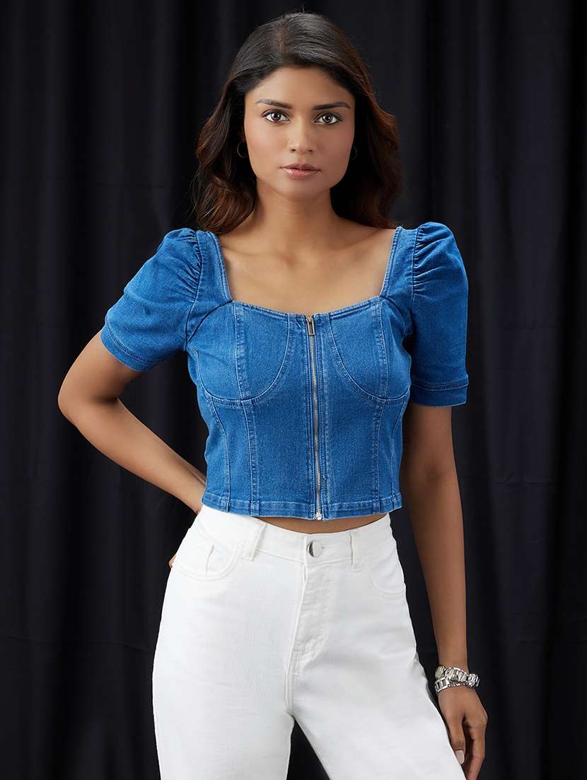 women solid puff sleeve denim corset top
