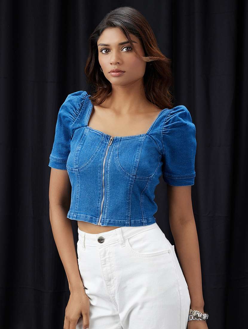 women solid puff sleeve denim corset top - 22013408 - Standard Image - 1