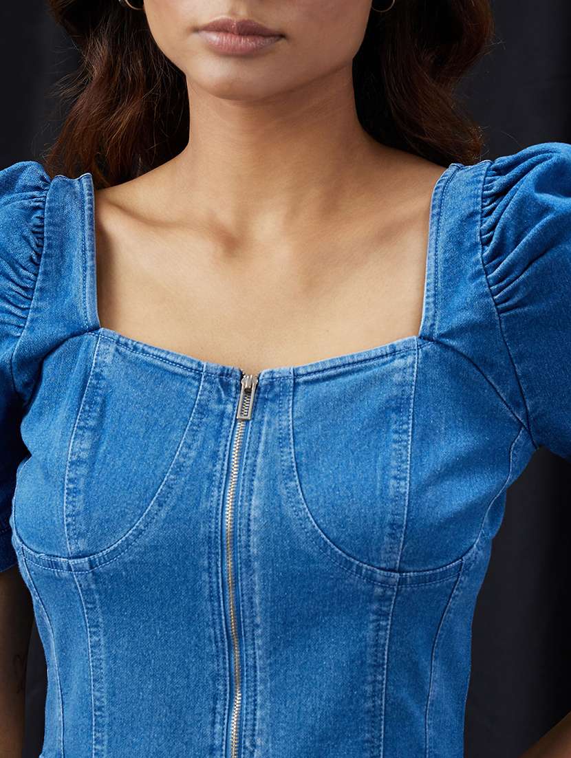women solid puff sleeve denim corset top - 22013408 - Standard Image - 4