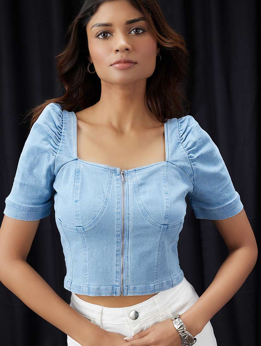 women solid puff sleeve denim corset top - 22013409 - Zoom Image - 0