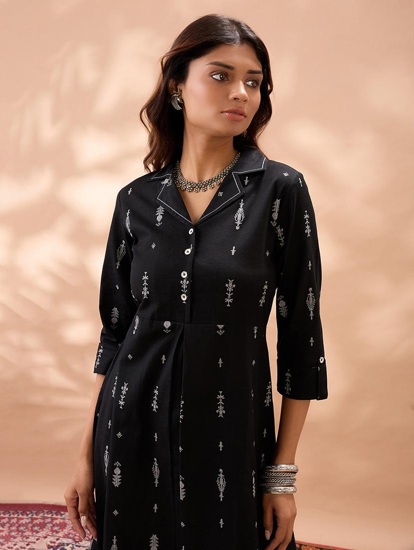 globus women black notched lapel roll up sleeves ethnic print a-line midi dress - 22013411 - Standard Image - 1