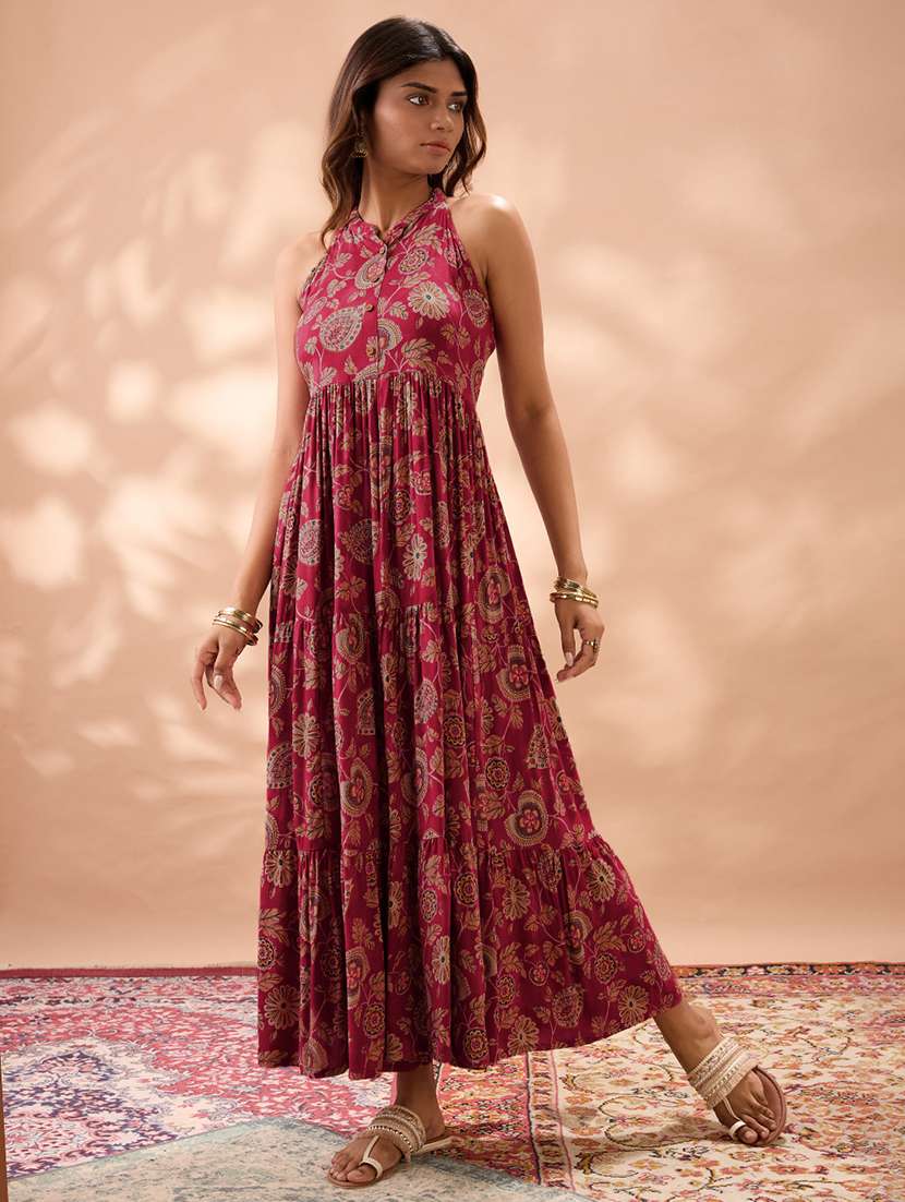 globus women maroon halter neck floral print gathered & tiered a-line maxi fusion dress - 22013412 -  Standard Image - 1