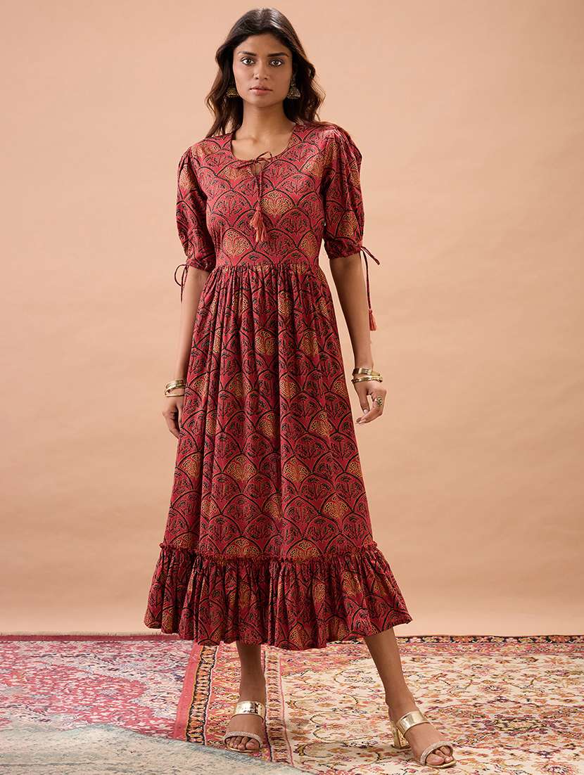 globus women maroon round neck puff sleeves ethnic print tie-ups detail tiered a-line midi dress