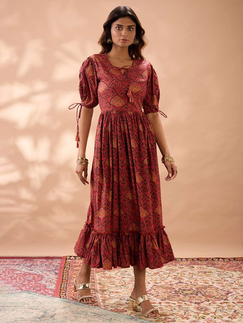 globus women maroon round neck puff sleeves ethnic print tie-ups detail tiered a-line midi dress - 22013413 -  Standard Image - 1