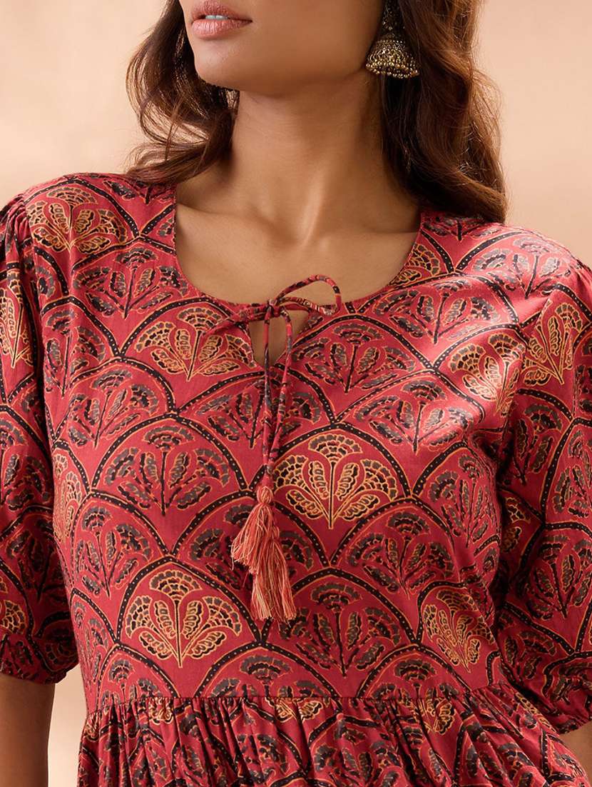 globus women maroon round neck puff sleeves ethnic print tie-ups detail tiered a-line midi dress - 22013413 -  Standard Image - 4