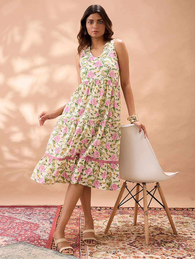 globus women pink v-neck floral print gathered & tiered lace inserts a-line midi fusion dress