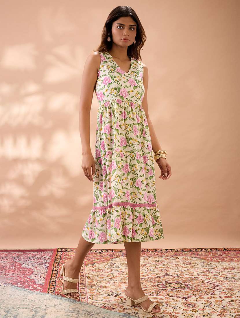 globus women pink v-neck floral print gathered & tiered lace inserts a-line midi fusion dress - 22013414 - Standard Image - 1