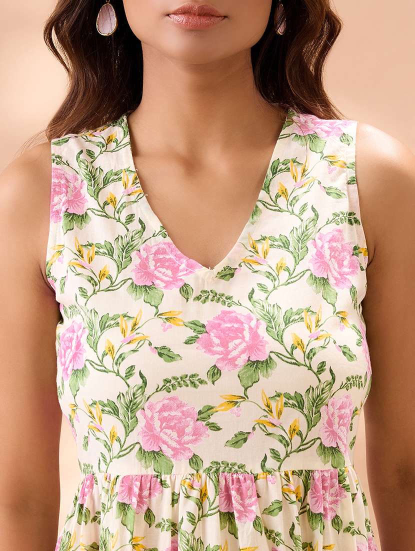globus women pink v-neck floral print gathered & tiered lace inserts a-line midi fusion dress - 22013414 - Standard Image - 4