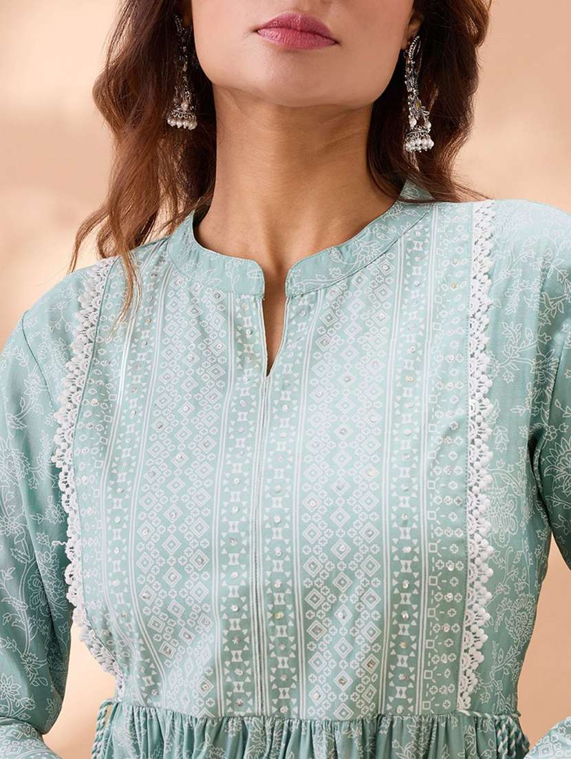 globus women green mandarin collar floral print fit and flare lace & tie up detail flared hem tiered maxi dress - 22013415 -  Standard Image - 4