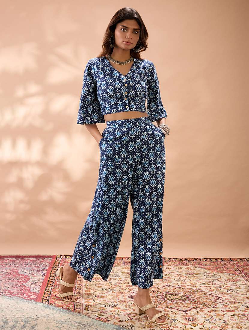 globus women navy blue ethnic print v-neck flared sleeves crop top with wide leg trousers co-ord set - 22013418 -  Standard Image - 1