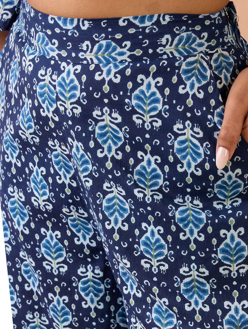 globus women navy blue ethnic print v-neck flared sleeves crop top with wide leg trousers co-ord set - 22013418 -  Standard Image - 4