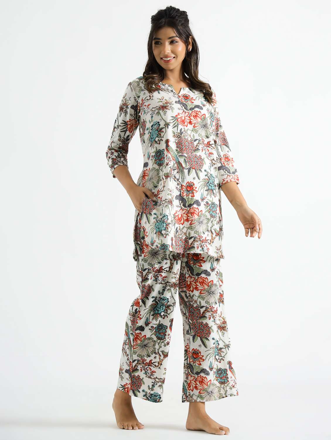 women printed three quarter sleeve co-ord set - 22013429 -  Standard Image - 1