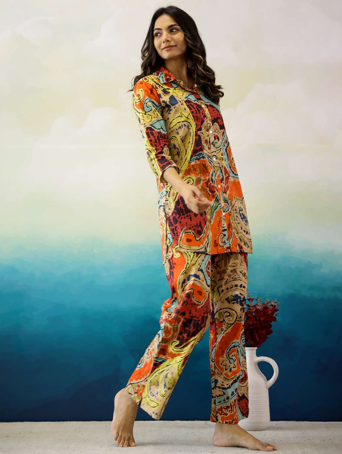 women printed three quarter sleeve co-ord set - 22013433 - Standard Image - 1